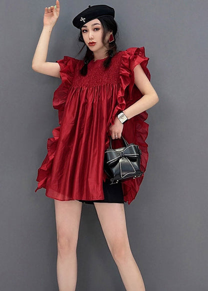 Red O-neck Ruffles Wrinkled Chiffon Dress Short Sleeve