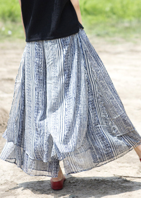 Blue Pockets Print Silk Wide Leg Pants Skirt Summer