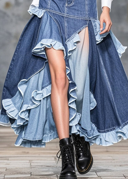 Blue Ruffled Patchwork Low High Design Denim Skirts Spring