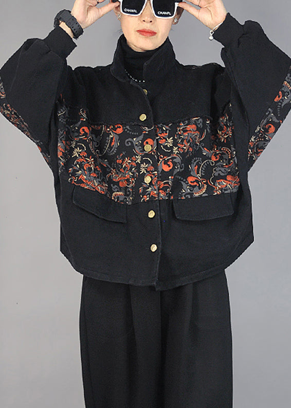Black Oversized Patchwork Print Denim Jacket Spring