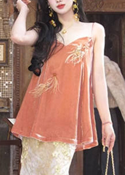 Orange V Neck Feather Nail Bead Silk Velour Spaghetti Strap Tank Sleeveless