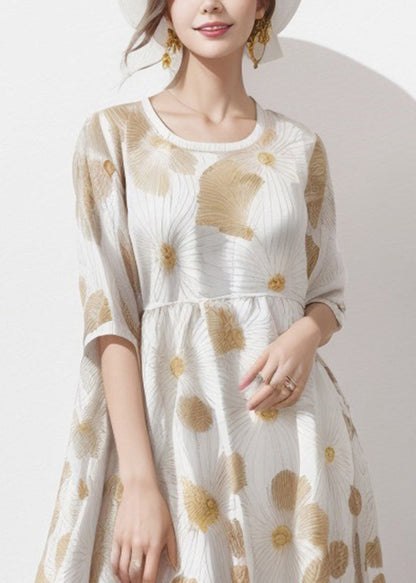 Organic Apricot U Neck Print Silk Long Dress Summer