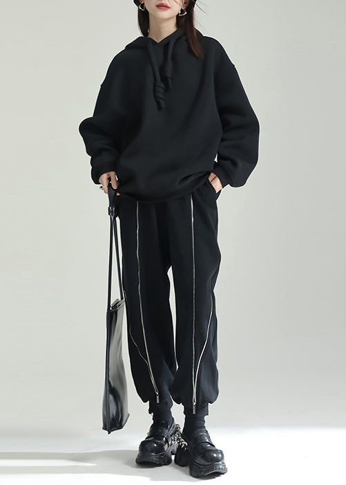 Black Hooded Patchwork Warm Fleece Sweatshirts Tracksuits Winter