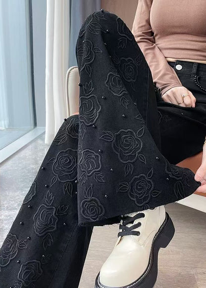 Black Embroidered Nail Bead Denim Bell-bottom Trousers Fall