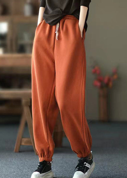 Orange Pockets Elastic Waist Warm Fleece Pants Spring