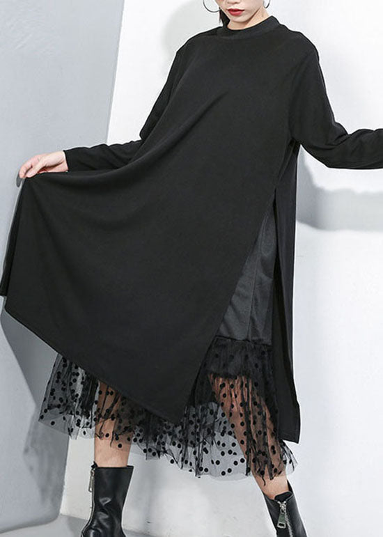 Black Asymmetrical Tulle Patchwork Cotton Maxi Dresses Spring