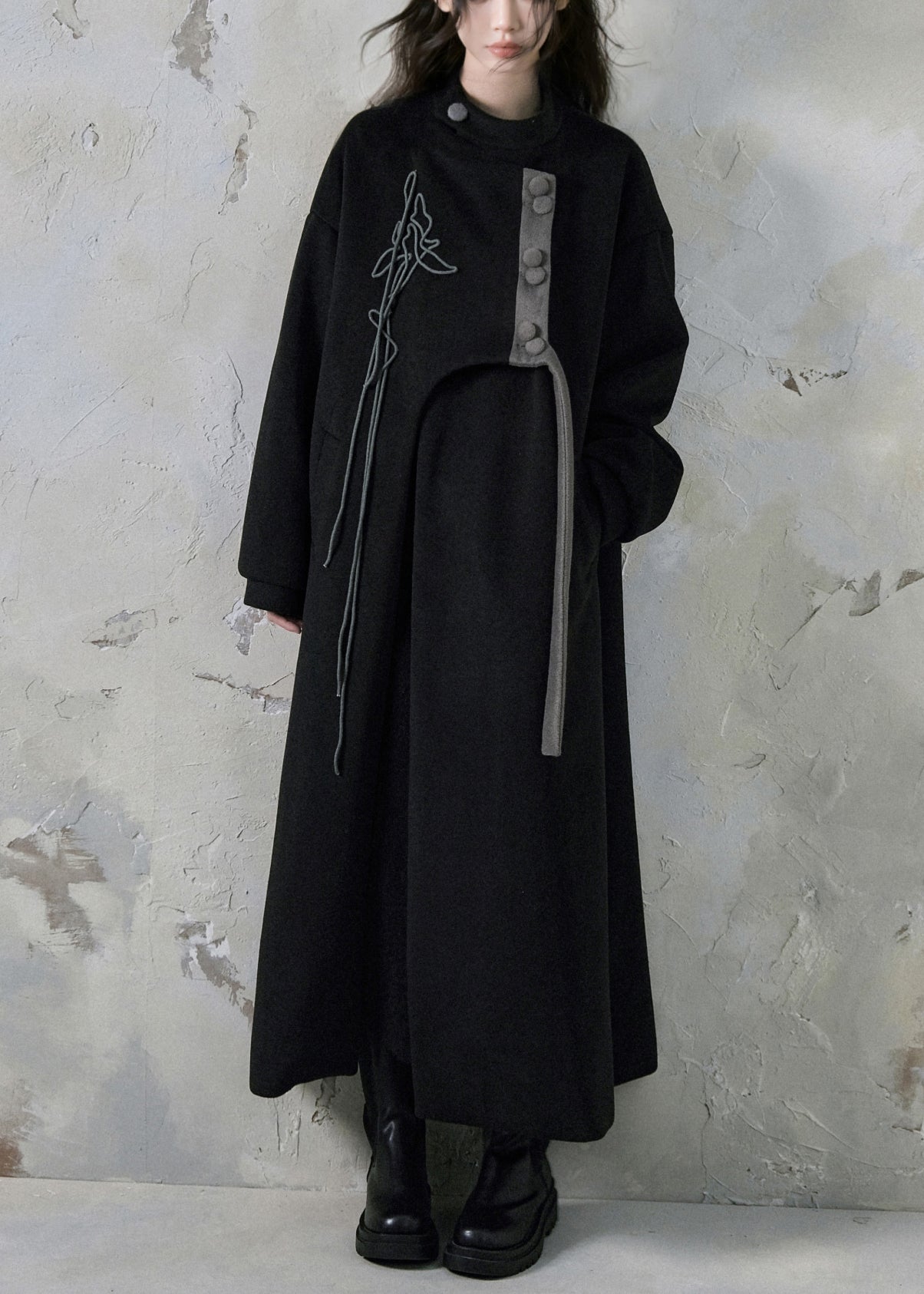 Loose Black Asymmetrical Button Pockets Long Trench Coats Spring