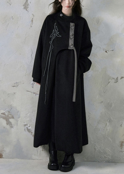 Loose Black Asymmetrical Button Pockets Long Trench Coats Spring
