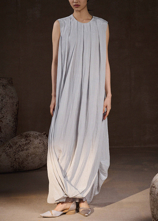 Loose Light Blue O-neck Wrinkled Long Dress Sleeveless