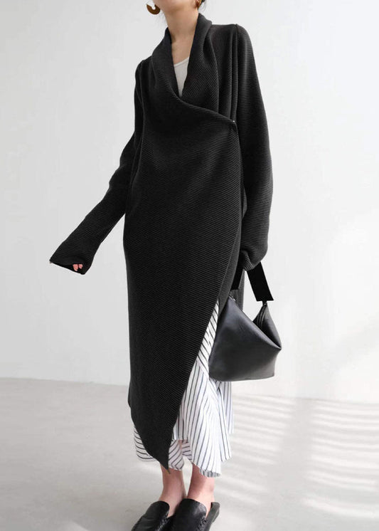 Black Asymmetrical Cozy Knit Cardigans Fall
