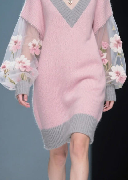 Pink Flower Patchwork Tulle Knit Sweater Dress Fall