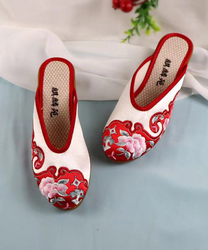 Red Chunky Cotton Fabric Embroidery Slide Sandals