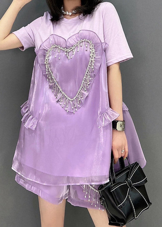 Ltalian Purple O-neck Ruffled Top and Shorts Two Pieces Set Summer
