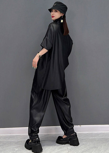 Black Peter Pan Collar T Shirt and Beam Pants Two Pieces Set Summer