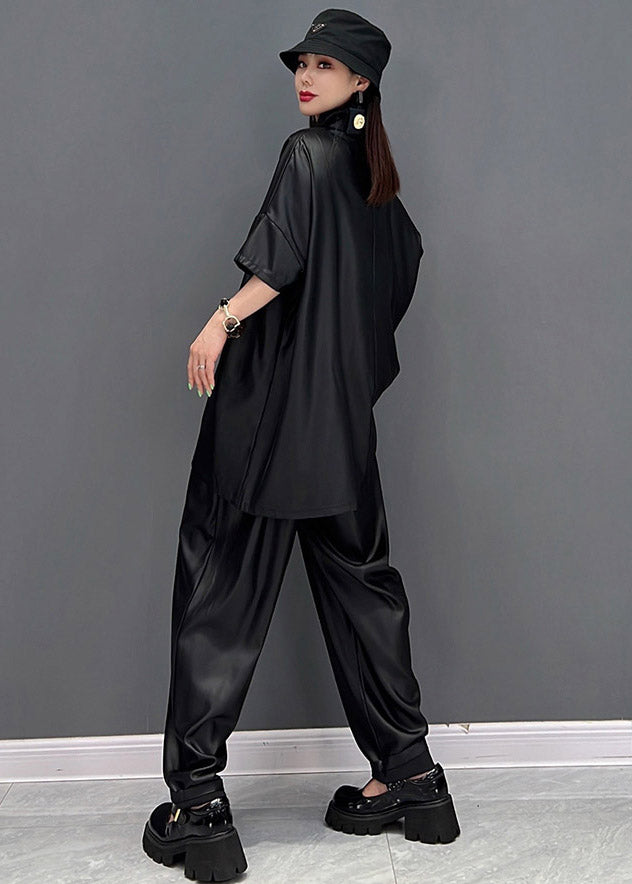 Black Peter Pan Collar T Shirt and Beam Pants Two Pieces Set Summer