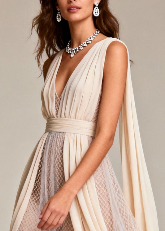 Beige Hollow Out Patchwork Tulle Evening Dress Summer