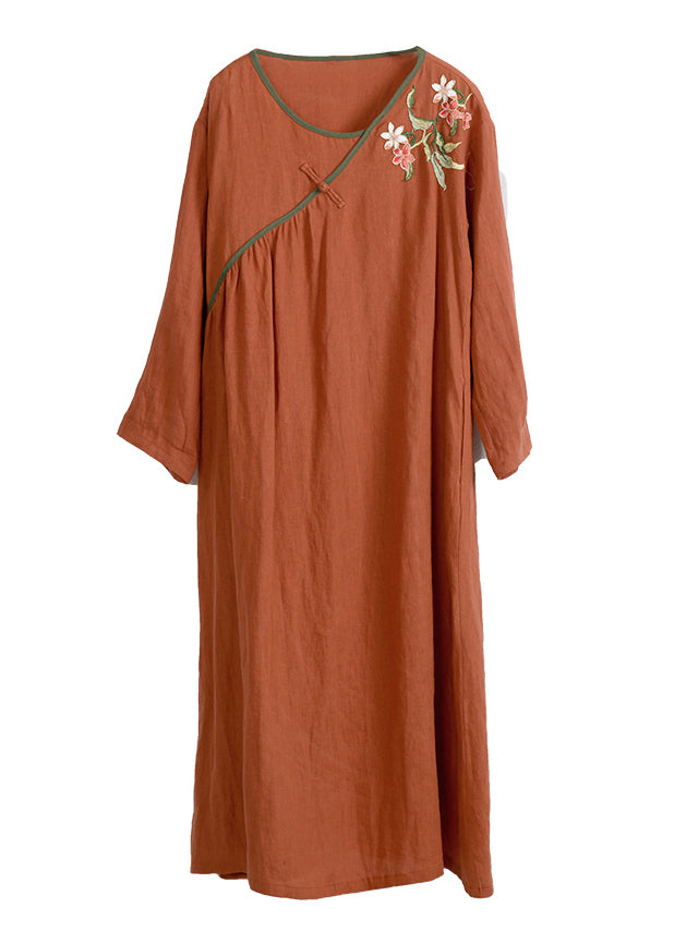 Orange V Neck Embroidery Linen Dress Long Sleeve
