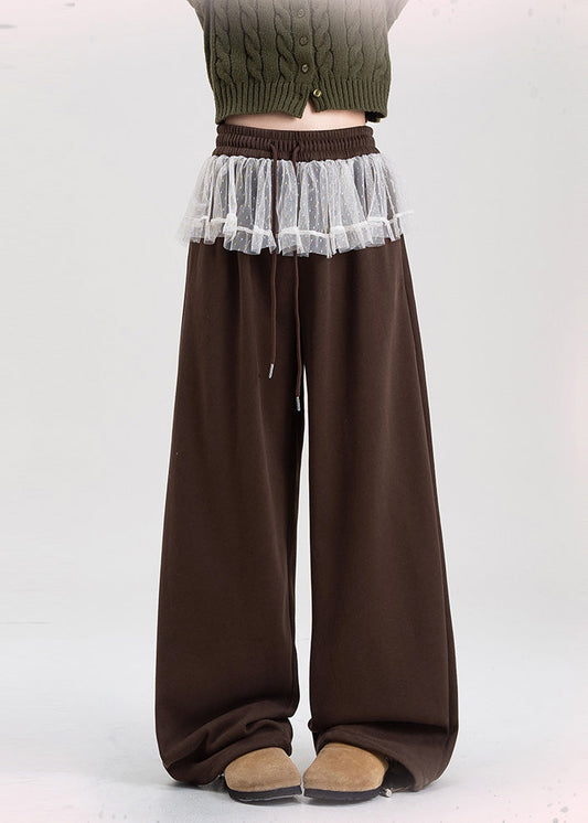 Brown Oversized Patchwork Lace Warm Fleece Pants Spring