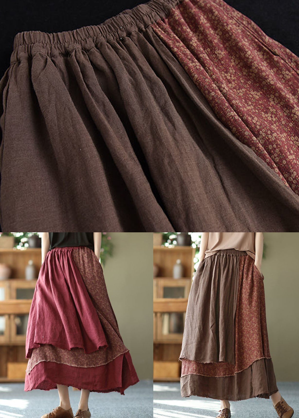 Brick Red Print Asymmetrical Patchwork Cotton Skirt Spring