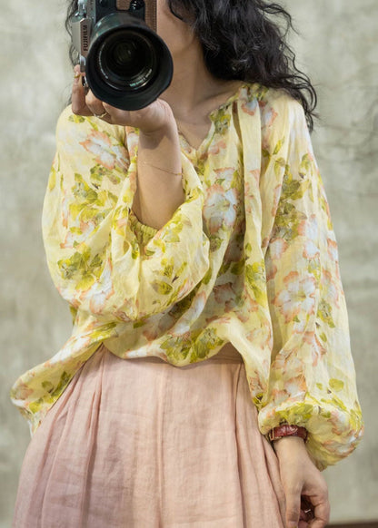 Yellow O Neck Print Linen Shirt Tops Lantern Sleeve