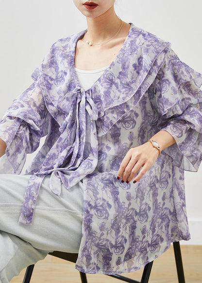 Unique Purple Rose Ruffles Chiffon Shirt Top Spring
