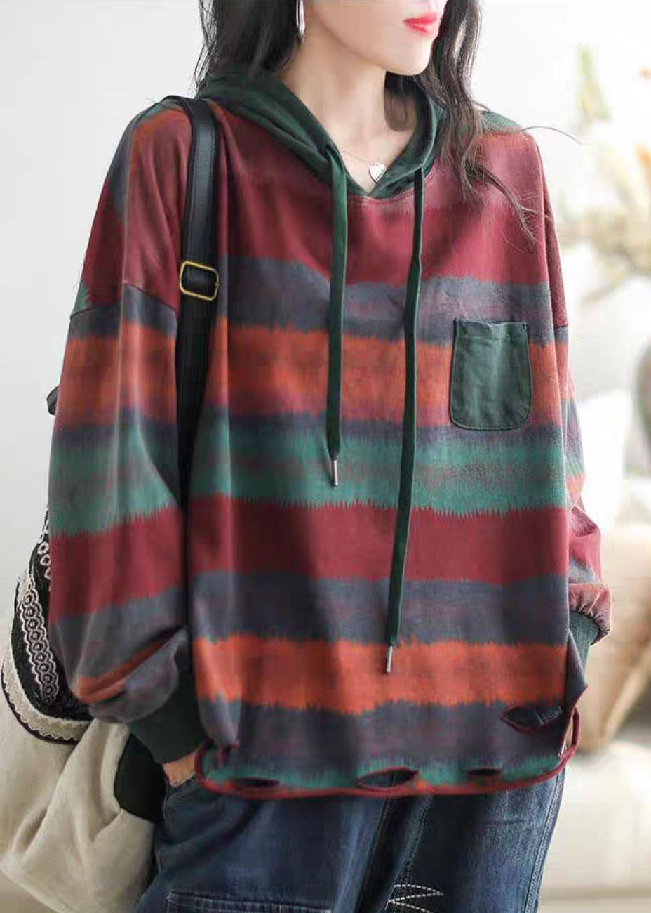 Red Drawstring Striped Hole Hooded Sweatshirt Long Sleeve