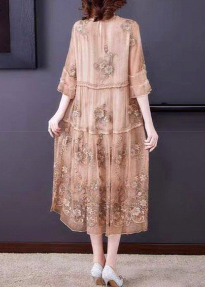 Embroidered Ruffled Patchwork Silk Long Dress Half Sleeve