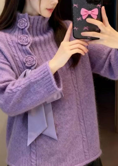 French Purple Hign Neck Knit Sweaters Winter