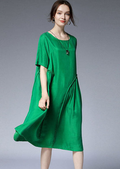Green O-neck Asymmetrical Silk Holiday Dresses Short Sleeve