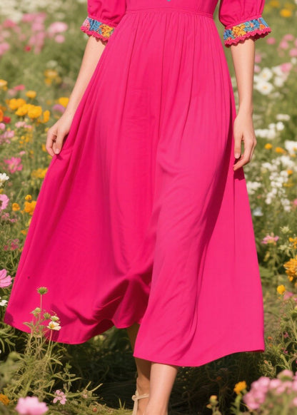 Rose V Neck Patchwork Cotton Ankle Dress Summer