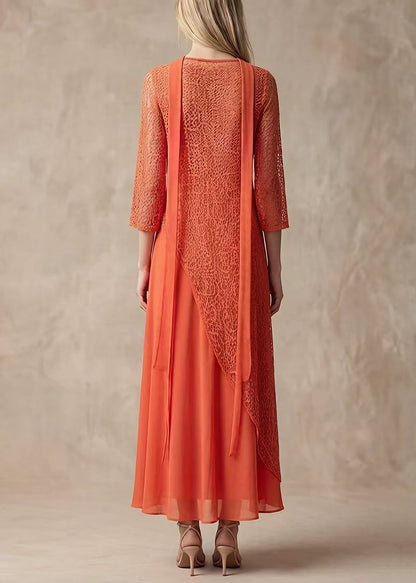 Orange Asymmetrical Lace Long Smock and Chiffon Dress 2 Piece Outfit Summer