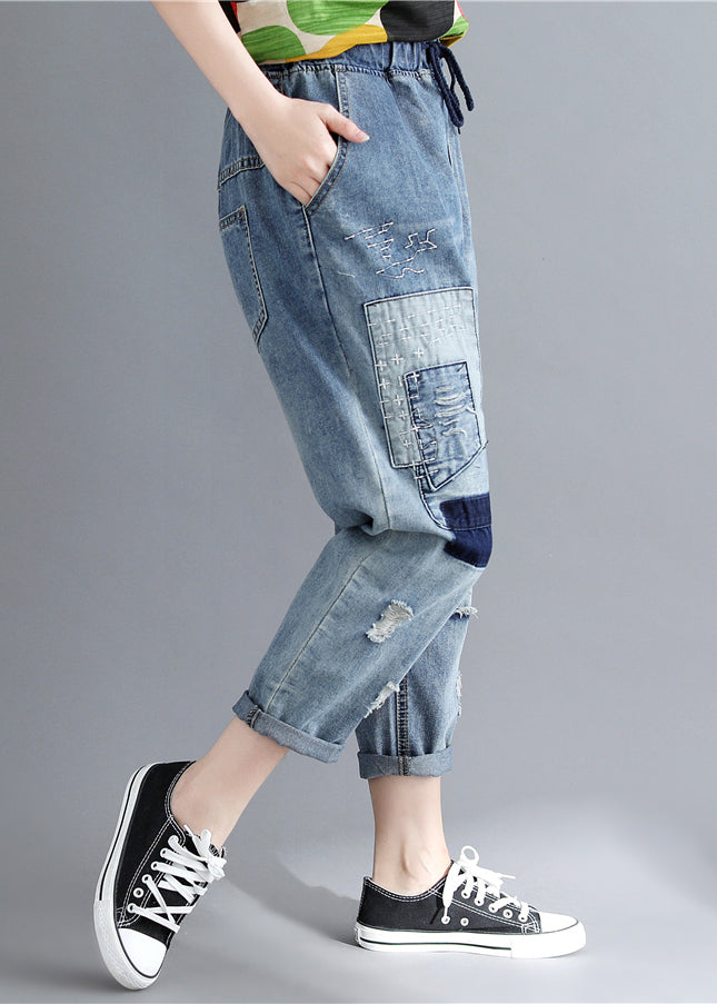 Blue Elastic Waist Patchwork Applique Denim Pants Spring