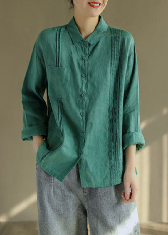 Green Cotton Blend Blouse Tops Button Asymmetrical Design Long Sleeve