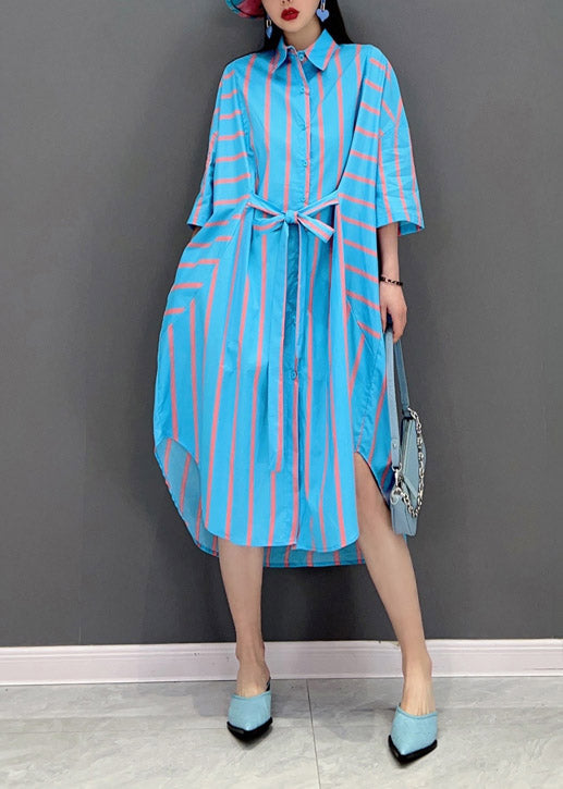 Italian Blue Peter Pan Collar Button Tie Waist Striped Shirt Dress Batwing Sleeve