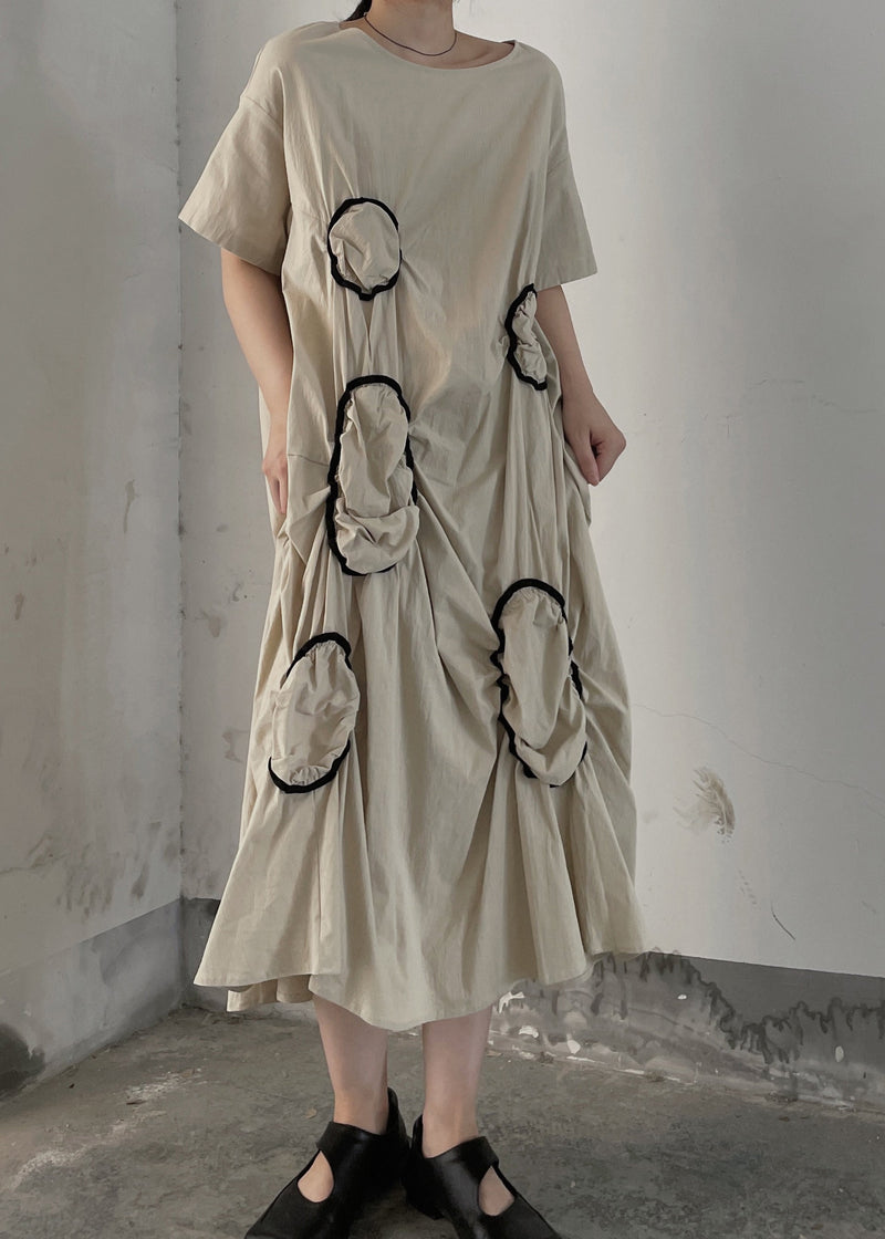 Apricot O Neck Wrinkled Patchwork Cotton Long Dresses Summer