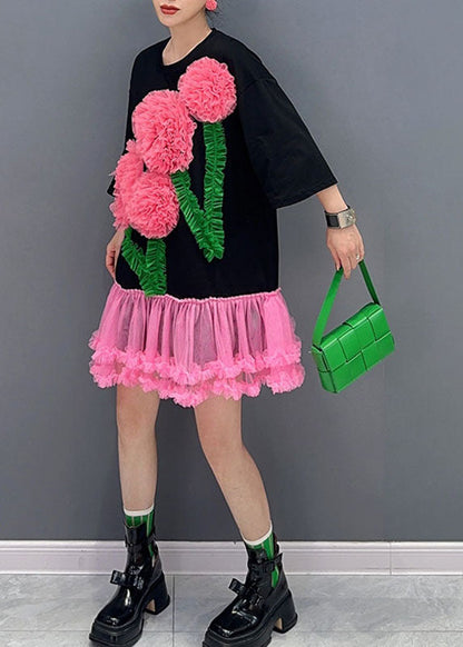 Italian Black O-neck Tulle Patchwork Mid T Shirts Dress Long Sleeve