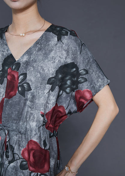 French Grey Tie Dye Cotton Cinched Dress Summer