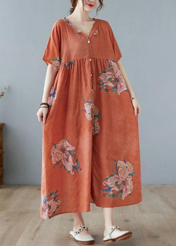 Orange Red V Neck Patchwork Summer Ankle Dress Half Sleeve