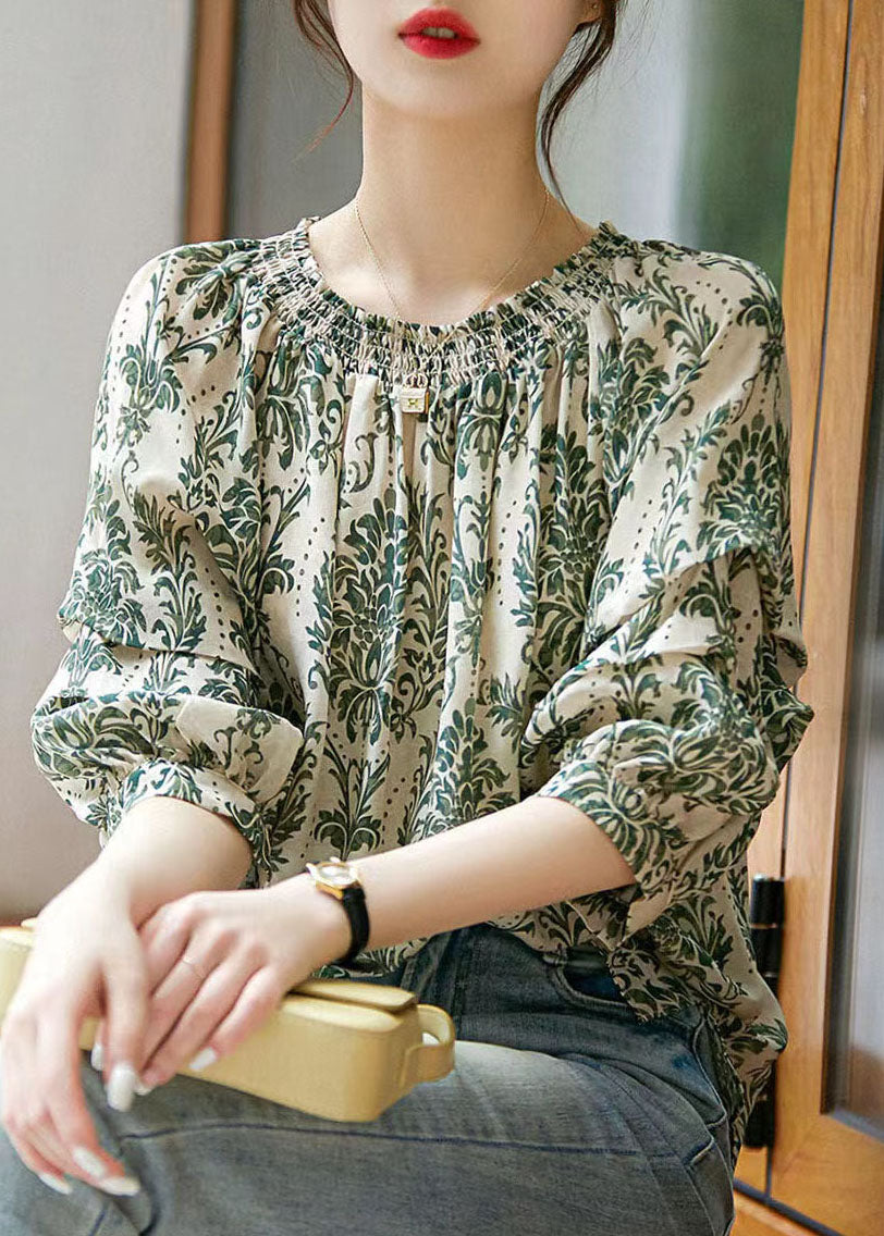 Green Slash Neck Print Patchwork Chiffon Shirt Tops Summer