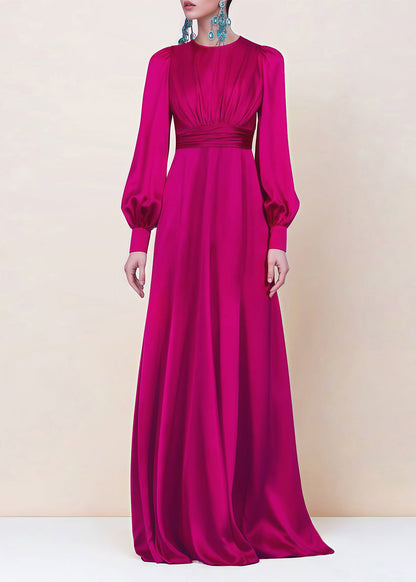 Rose O Neck Wrinkled Silk Dress Lantern Sleeve