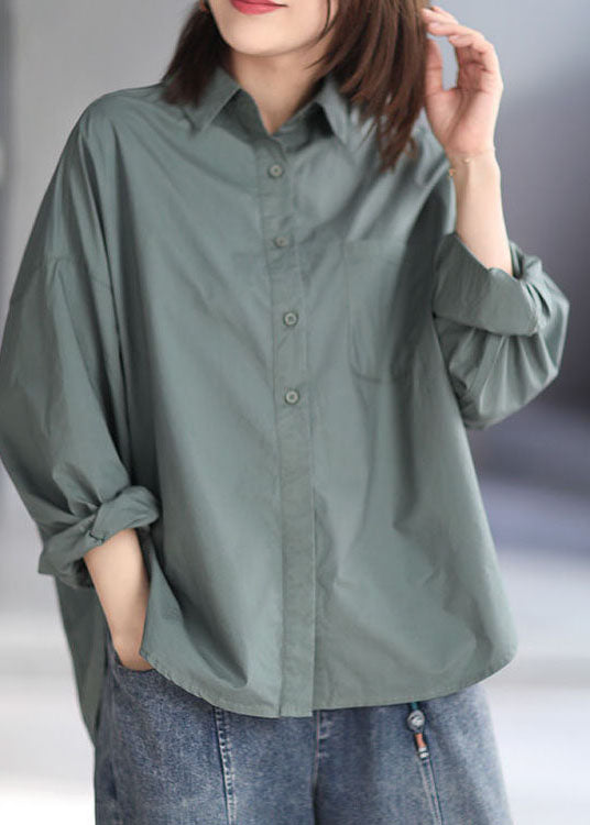 Green Peter Pan Collar Patchwork Cotton Shirt Top Spring