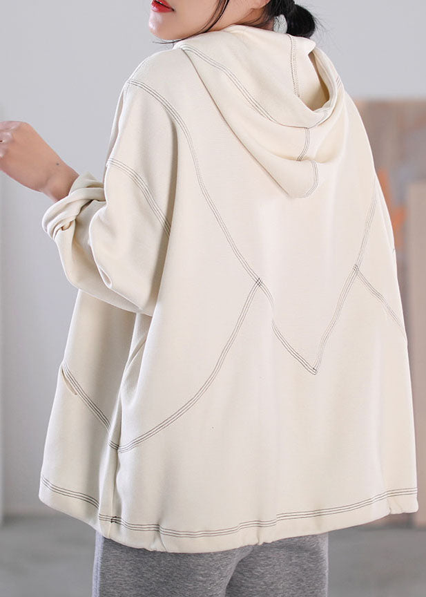 Beige Drawstring Hooded Cotton Pullover Long Sleeve