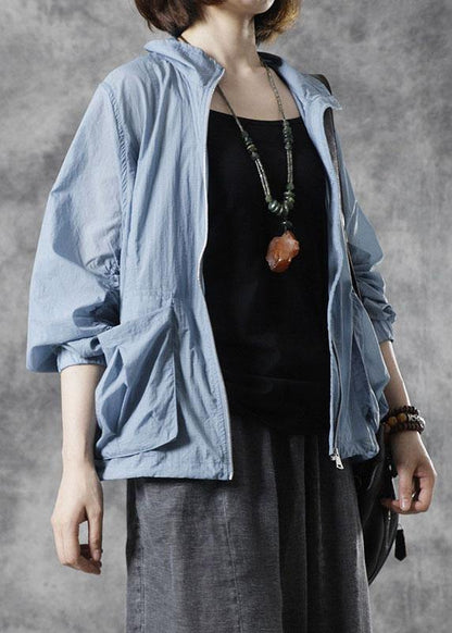 Diy Blue Stand Collar Zippered Fall Long Sleeve Top