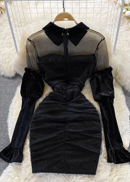Black Peter Pan Collar Tulle Patchwork Bow Velour Hip Dress Long Sleeve