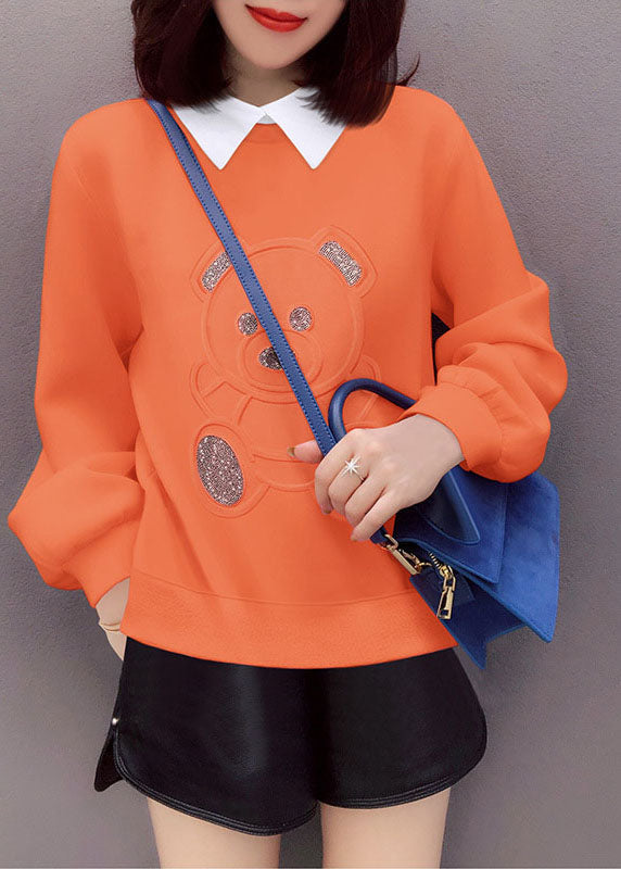 Loose Orange Peterpan Collar Print Fall Pullover Street Wear