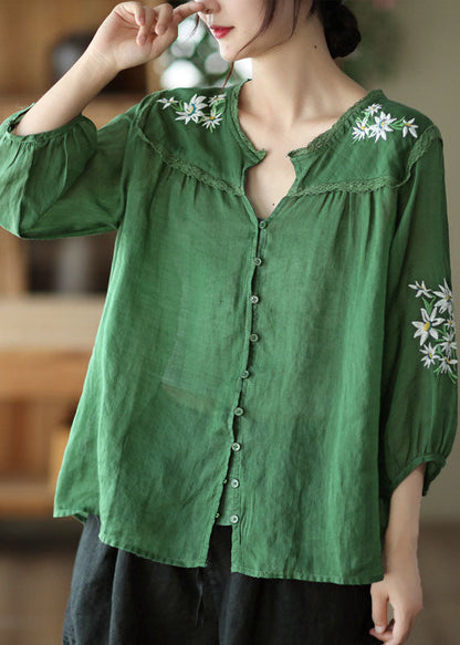 Green V Neck Embroideried Linen Top Bracelet Sleeve