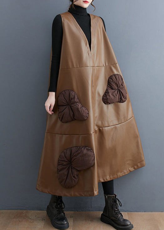 Khaki Stereoscopic Faux Leather Maxi Dresses V Neck Sleeveless