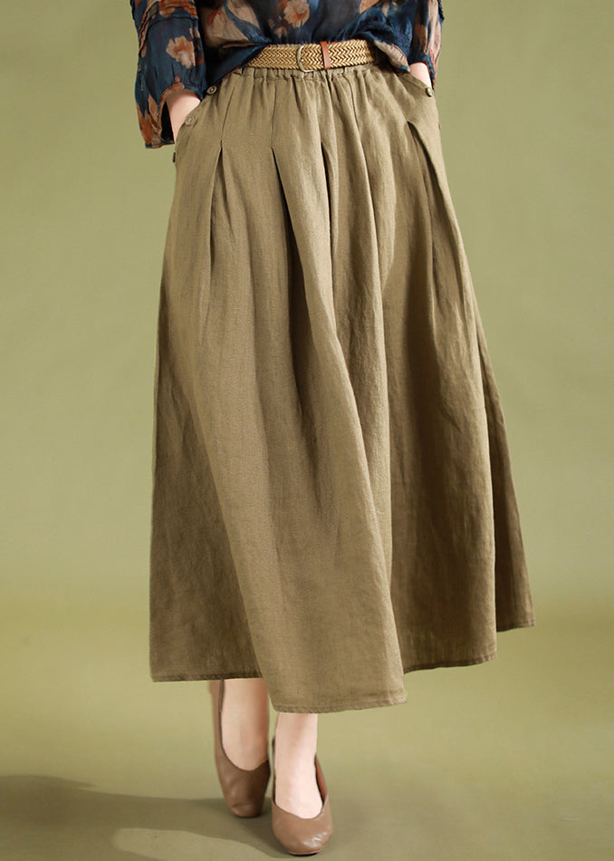 Khaki Pockets High Waist Linen Skirts Summer