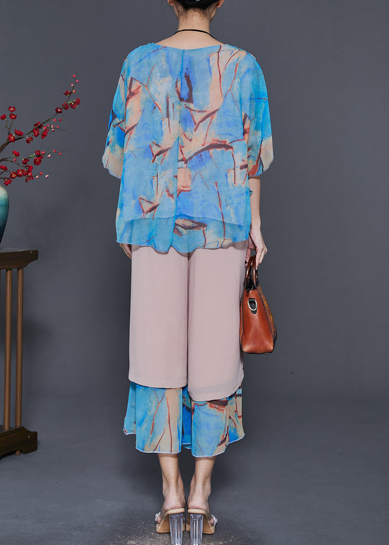 Blue Patchwork Chiffon Sets 2 Pieces Oversized Summer