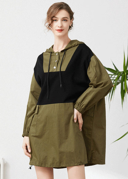 Army Green Hooded Oversized Patchwork Cotton Sweatshirt Spring